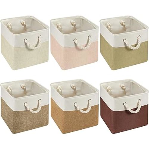 Geiserailie 6 Pcs 11 x 11 Inch Cube Storage Bins Fabric Storage Organizer Bins Foldable Cube Baskets with Sturdy Carry Handles Wicker Baskets for Home (Boho Color)