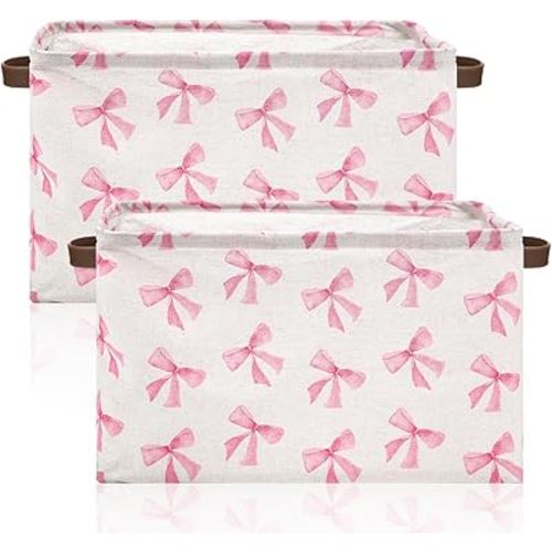 Weysat 2 Pcs Coquette Pink Bow Storage Basket Collapsible Toy Storage Bins Waterproof Canvas Organizer with Leather Handles for Home Closets Offices, Bedrooms, Toy and Gift Baskets