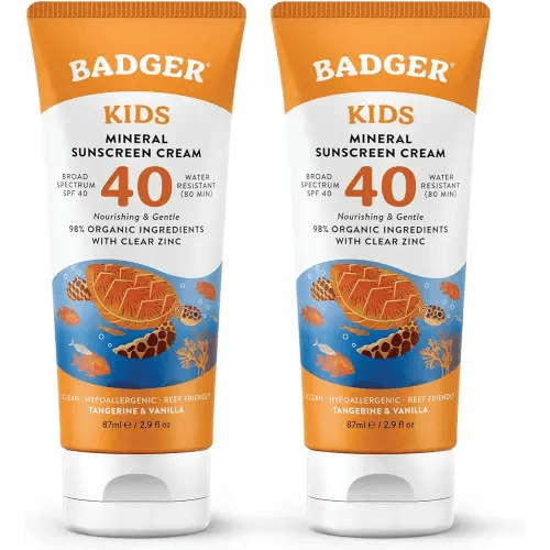 Badger Kids Sunscreen Cream SPF 40, Organic Mineral Sunscreen Kids Face & Body with Zinc Oxide, Reef Friendly, Broad Spectrum, Water Resistant, 2.9 fl oz (2 Pack)