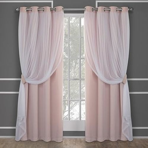 TOWN & COUNTRY LUXE Exclusive Home Catarina Layered Solid Room Darkening Blackout and Sheer Grommet Top Curtain Panel Pair, 52x84, Rose Blush 2 Count