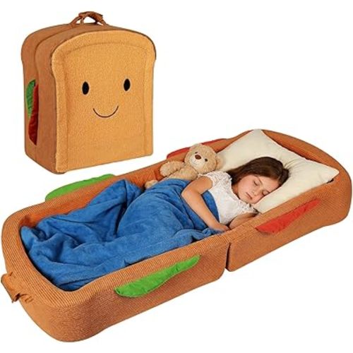 Toddler Travel Bed Sandwich Style - Portable Toddlers Floor Beds, Foldable Soft Foam Travel Crib for Baby and Kid, Washable Cover Toddler Cot with Safety Rail for Travel, Medium Size