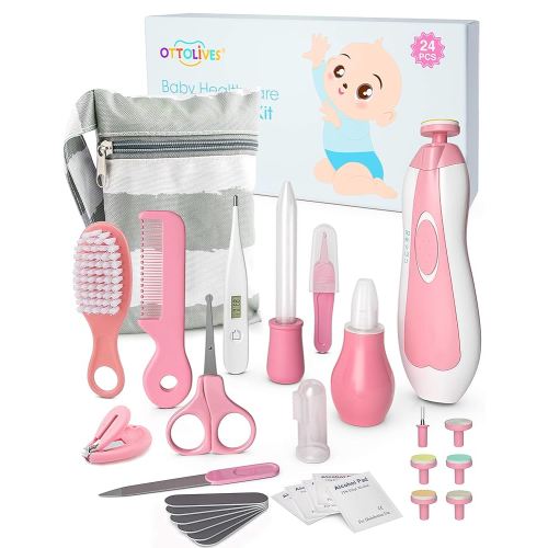 OTTOLIVES Baby Healthcare and Grooming Kit, 24 in 1 Baby Electric Nail Trimmer Set Newborn Nursery Health Care Set for Newborn Infant Toddlers Baby Boys Girls Kids Haircut Tools (0-3 Years+) (Pink)