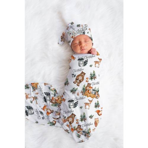 Woodland Swaddle Set, Woodland Baby Blanket, Personalized Swaddle Blanket, Woodland Animal Baby Blanket, Custom Name Blanket, Woodland W1