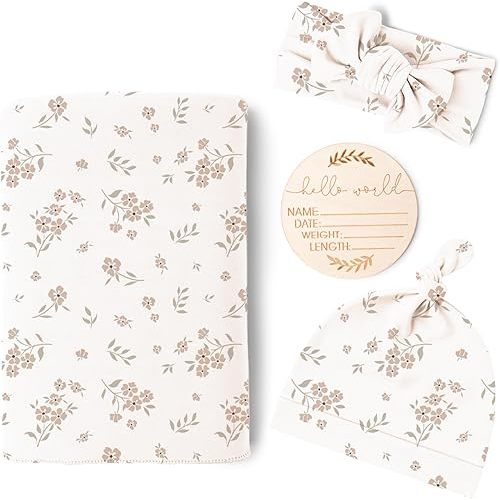 Konssy Baby Girl Newborn Receiving Blanket with Matching Headband and Beanie Set Baby Swaddle Nursery Swaddle Wrap