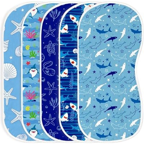 5pcs Ocean Whale Baby Burp Cloths for Boys Girls Parent,100% Cotton Ocean Shark Collection Muslin Burping Cloths for Spitting Up,Newborn Infant