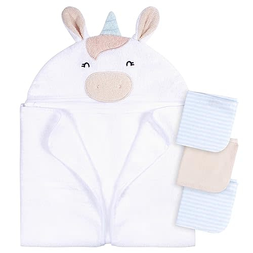 Gerber Baby 4 Piece Animal Character Hooded Towel and Washcloth Set, White Unicorn, One Size
