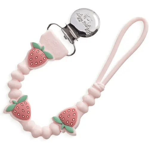 Itzy Ritzy Silicone Pacifier Clip; 100% Food Grade Silicone Pacifier Strap with Clip Keeps Pacifiers, Teethers & Small Toys in Place; Features One-Piece Design & Cord (Strawberry)