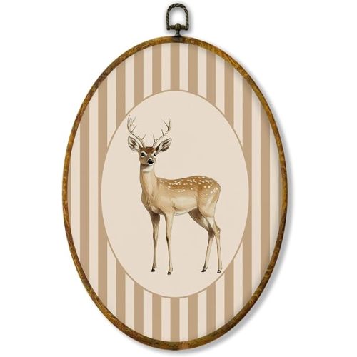 shiviody Spotted Deer Nursery Canvas Wall Art Decor, Beige Striped Nursery Decor, Forest Animal Oval Hanging Frame Prints Decorations for Home Kids Toddler Room Bedroom Playroom 8.6"x11.4"