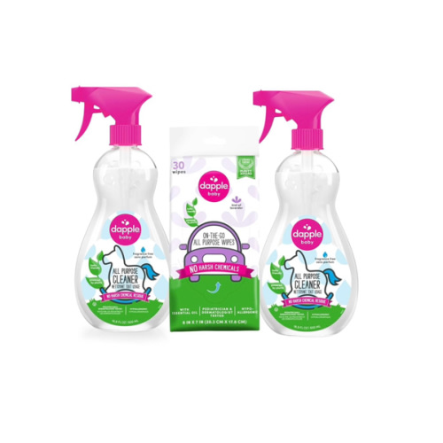 Dapple Baby All Purpose Cleaning Spray, Hypoallergenic for Toys, High Chairs, Swings, Counters, Powered by Plants, 1 Pump Included, Fragrance Free, 16.9 Fl Oz (Pack of 2) + 30 Count Wipes