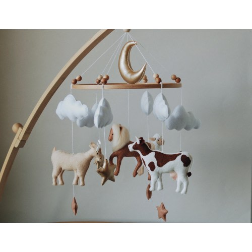 Farm Baby Mobile | cow, horse, goat, sheep neutral animals nursery felt crib moon and clouds