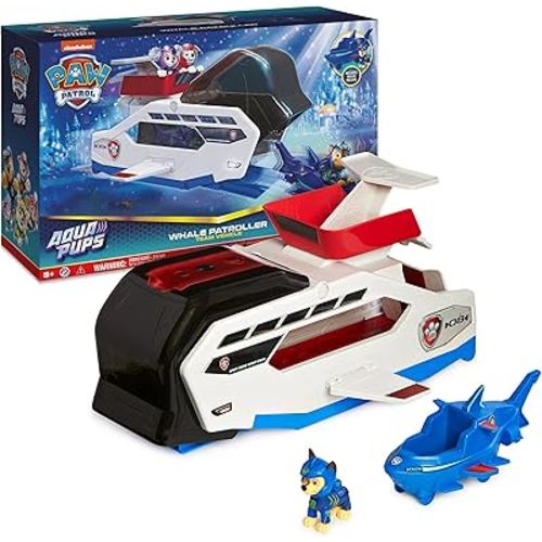 Paw Patrol Aqua Pups Whale Patroller Team Vehicle with Chase Action Figure, Toy Car and Vehicle Launcher, Kids Toys for Ages 3 and up