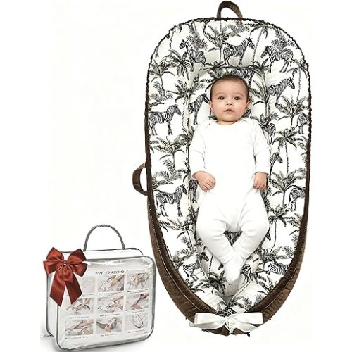 Baby Lounger-Breathable and Soft Organic 100% Cotton, Portable Infant Lounger with Removable Lounger Cover, Baby nest Lounger for Newborn - Brown Zebra