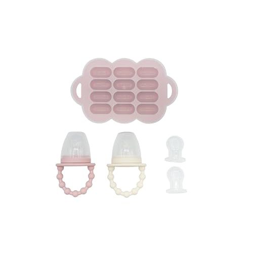 WeeSprout Silicone Baby Food Feeders + Freezer Tray for Batch Prep, Set of 2, Introduce New Foods Safely, Double as Teething Toys, Includes 2 Extra Pouches & Travel Lids, Dishwasher Safe