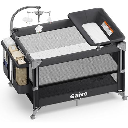 4 in 1 Baby Bassinet, One-Push Setup Pack and Play, Bedside Crib Sleeper with 3 Height Adjustable，Diaper Changer, Come with Comfy Mattress, Rotating Toy Bar, from Infants to Toddlers (Black)