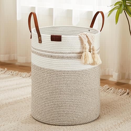 Cotton Rope Laundry Hamper by YOUDENOVA, 58L - Woven Collapsible Laundry Basket - Clothes Storage Basket for Blankets, Laundry Room Organizing, Bedroom Storage, Clothes Hamper – Brown & White
