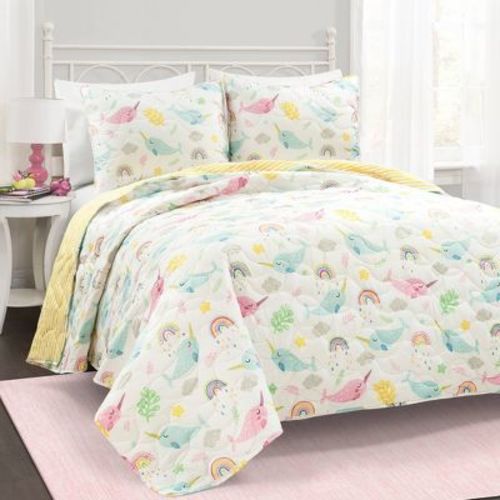 3pc Full/Queen Kids' Magical Narwhal Reversible Oversized Quilt Set White - Lush Décor: Kids Bedding, OEKO-TEX Certified