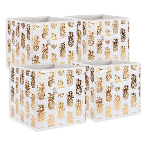 Contemporary Home Living Set of 4 White and Gold Pineapple Cube Storage Bins 11"