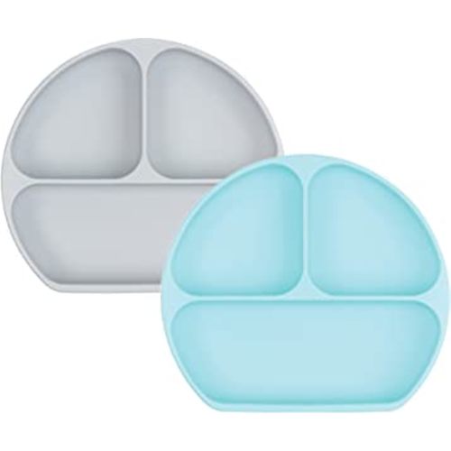 Bumkins Toddler and Baby Suction Plate, Silicone Divided Grip Dish for Babies and Kids, Baby Led Weaning, Children Feeding Supplies, Non Skid Bottom, Platinum Silicone, 6 Months Up, Gray and Blue
