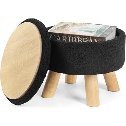 Ottoman Foot Rest, Small Round Ottoman with Storage, Boucle Teddy Velvet Footstool with Wood Legs, Soft Sponge Storage Ottoman for Living Room, Bedroom, Couch, Enterway (Black)