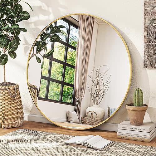 Gold Round Mirror, 30 Inch Bathroom Mirror with Metal Frame, Wall Wall-Mounted for Entryway, Bathroom, Vanity, Living Room