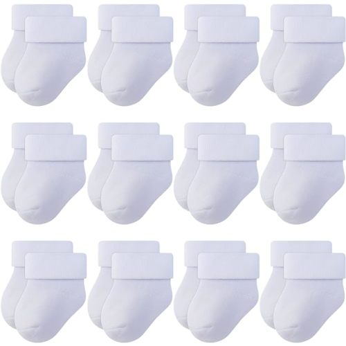RATIVE Newborn Socks 0-3 Months Infant 3-6 Months Thick Terry Turn Cuff Socks for Baby Boys Girls - 12-pairs/White