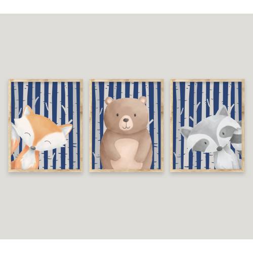 Woodland Nursery Wall Decor, Woodland Animals Wall Art, Bear Fox Raccoon, Baby Boy Nursery Decor, Forest Animals Art, Navy and Gray Nursery