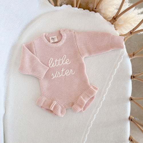 'Little Sister' Long Sleeve Frill Leg Knit Romper - Pink Lemonade