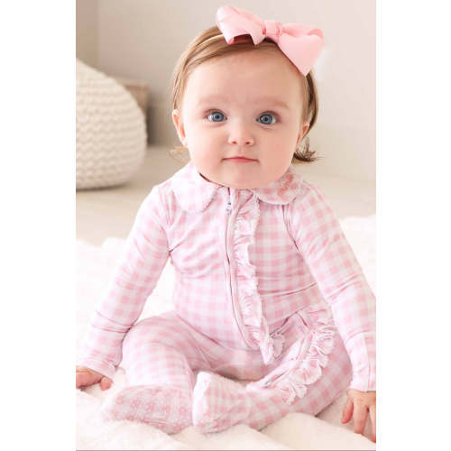 Peter Pan Collar Ruffle Zipper Footie in Rosy Gingham | Caden Lane
