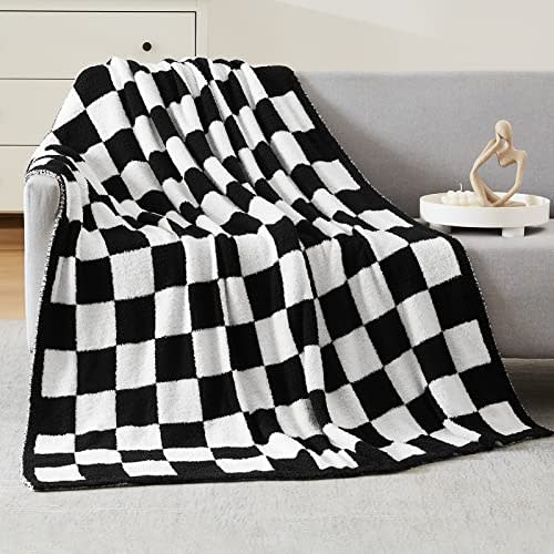 WRENSONGE Checkered Throw Blanket, Black and White Soft Cozy Fluffy Warm Hand Made Throw Blankets for Couch, Sofa, Chair, Bed, Camping, Picnic, Travel Lightweight Bed Blanket - 50"*70"