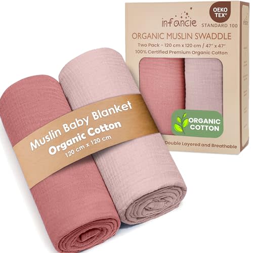 infancie Organic Cotton Muslin Baby Blanket - 47x47 Inch Breathable Swaddle, Hypoallergenic Double-Layer, Versatile Use (Rose/Peach)