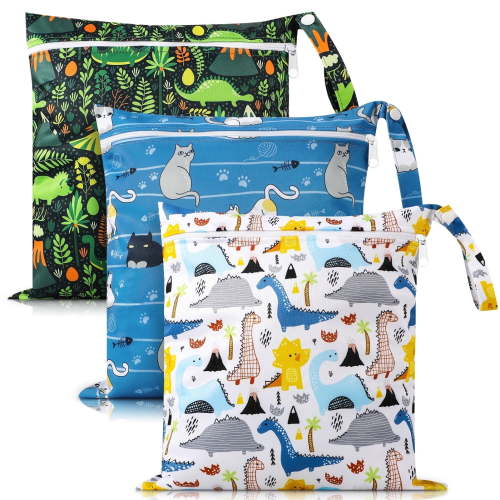 KABOER 3 Pack Wet Dry Bags for Baby Cloth Diapers, MessProof and Waterproof Travel Bags, Diaper Bags with Cartoon Print, Dinosaur, Cat, 11.8"x11" Reusable Storage Bags for Daycare, Travel, Swimming