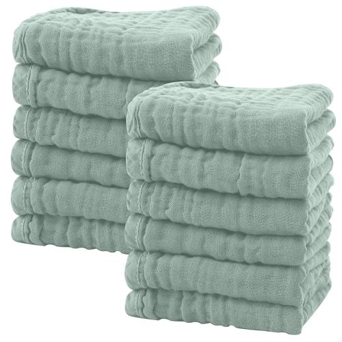SWEET DOLPHIN 12 Pack Baby Muslin Washcloths - Soft Face Cloths for Newborn, Absorbent Bath Wash Cloths, Wipes, Burp Rag - Toddlers Essentials Stuff, Baby Registry as Shower -10"x10", Green