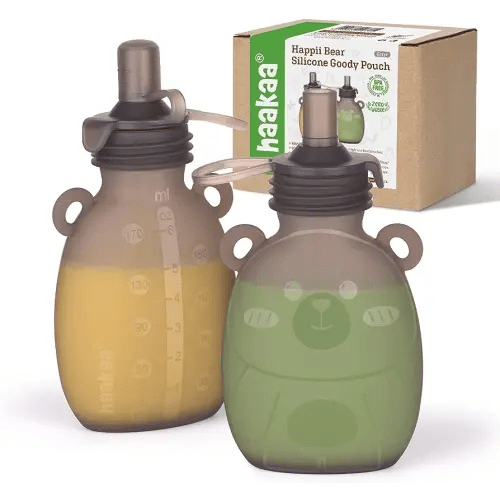 Haakaa Happii Bear Silicone Goody Pouch,Reusable Baby Food Pouches for Homemade Organic Purees, Juices, Smoothies, and Yogurt - Perfect for Toddlers and Kids - 2 Pack, 6oz