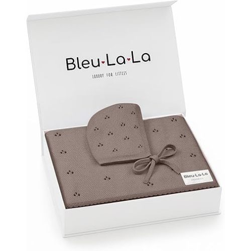 Bleu La La Organic Pointelle Receiving Swaddle Blanket for Girls - 100% Luxury Organic Soft Cotton Knit Warm Cozy Cuddle Stroller Blanket for Newborns Infants & Toddlers (Milk Chocolate + Hat)