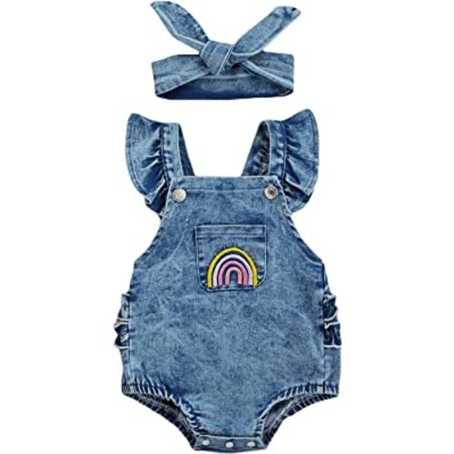 Infant Toddler Girl Summer Outfits Sleeveless Dress Romper Denim Onesie One Piece Jumpsuit Bodysuit (Rainbow Blue, 0-3 Months)