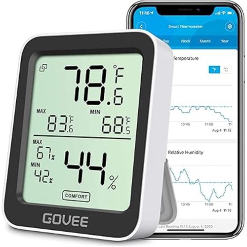 Govee Hygrometer Thermometer H5075, Bluetooth Indoor Room Temperature Monitor Greenhouse Thermometer with Remote App Control, Notification Alerts, 2 Years Data Storage Export,LCD