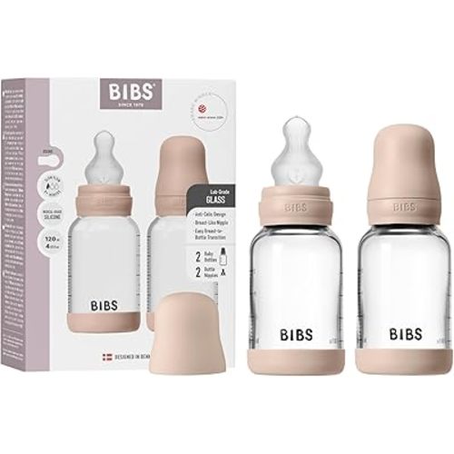 BIBS Glass Baby Bottle, 120 ml, 2-Pack, Silicone Nipple, Blush