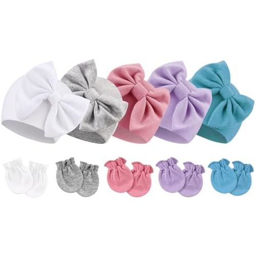 BQUBO Newborn Baby Girls Hats Mittens Set Hospital Hat Beanie Infant Bow Hats Baby Cotton Gloves for 0-6 Months