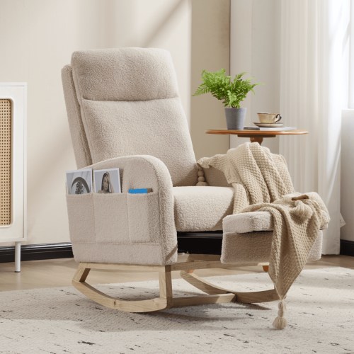 Rocking Chair Nursery with Expandable Footrest, Teddy Upholstered Glider Rocker with High Backrest, Accent Armchair with Side Pockets for Living Room, Beige