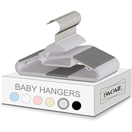BAGAIL 12.6” Kids Plastic Hangers S-Slide 50 Pack Non-Slip Hangers 360° Swivel Hook Protect Collar Space Saving for Children Infant/Toddler Pants Coat-Grey