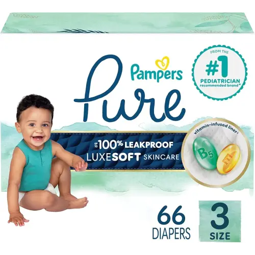 Pampers Pure Protection Baby Diapers, Size 3 (16-28 lbs), 66 Count, Up to 100% Leakproof, Premium Plant-based Skin Protection, Hypoallergenic Soft Diapers