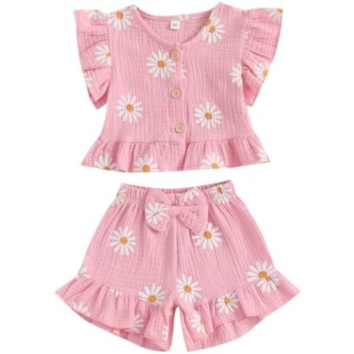 BemeyourBBs Summer Toddler Girl Clothes Baby Girl Ruffle Sleeveless Shirt with Buttons Bow Bloomers Shorts Set Cute Outfits
