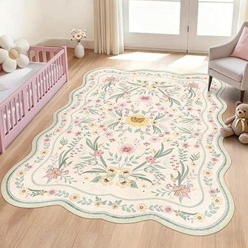 Scalloped Floral Rug 5x7, Sage Green Washable Non Slip Area Rug for Bedroom, Cottagecore Low Pile Floral Rug for Girls Room, Nursery, Dorm, or Kids Room Green Beige