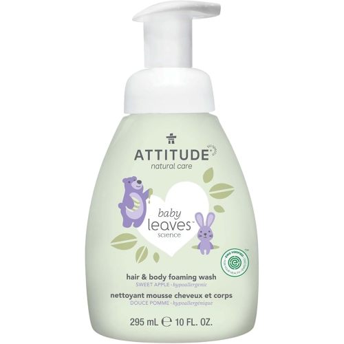 ATTITUDE 2-in-1 Hair and Body Foaming Baby Wash, EWG Verified Shampoo Soap, Dermatologically Tested, Made with Naturally Derived Ingredients, Vegan, Sweet Apple, 10 Fl Oz