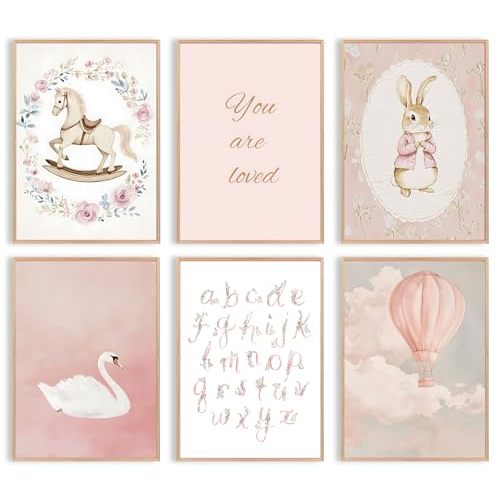 Uniro Pink Nursery Wall Decor Art Prints, Vintage Baby Girl Nursery Room Decor, Cute Baby Girl Room Decor Swan Bunny Hot Air Balloons Alphabets Canvas Painting, Antique Nursery Poster for Little Girl's Bedroom, Kids Room Decor-8x10inch|Unframed