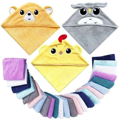 3 Pack Baby Hooded Bath Towel with 24 Count Washcloth Sets for Newborns Infants & Toddlers, Boys & Girls - Baby Registry Search Essentials Item - Chicken, Bear, Eagle