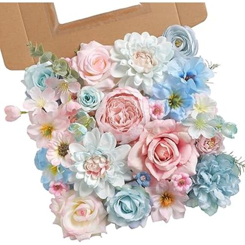 Artificial Flowers Combo Box Set Silk Flowers Fake Rose for DIY Floral Arrangements Wedding Bouquets Centerpieces Baby Shower Party Home Decorations (Blue Pink)