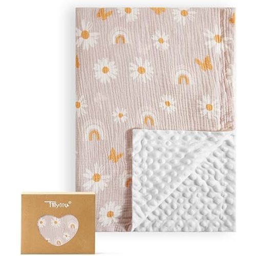 TILLYOU Baby Blankets for Girls Boys, Receiving Baby Blanket with Double Layer Soft Plush, Minky Muslin Cotton Front and Dotted Backing 30"x40", Pink Butterfly