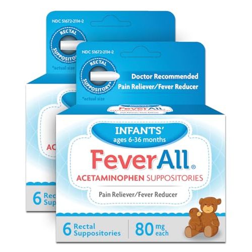 Feverall Infant Acetaminophen Suppositories 6 Rectal Suppositories 80mg Each Pain Reliever/Fever Reducer. Paraben Free, No Artificial Colors or Other preservatives. Ages 6-36 Months- 2 Pack