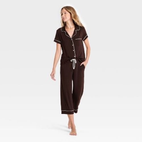 Women's Cloud Knit Short Sleeve Notch Collar Top and Cropped Pants Pajama Set - Auden™ Brown L